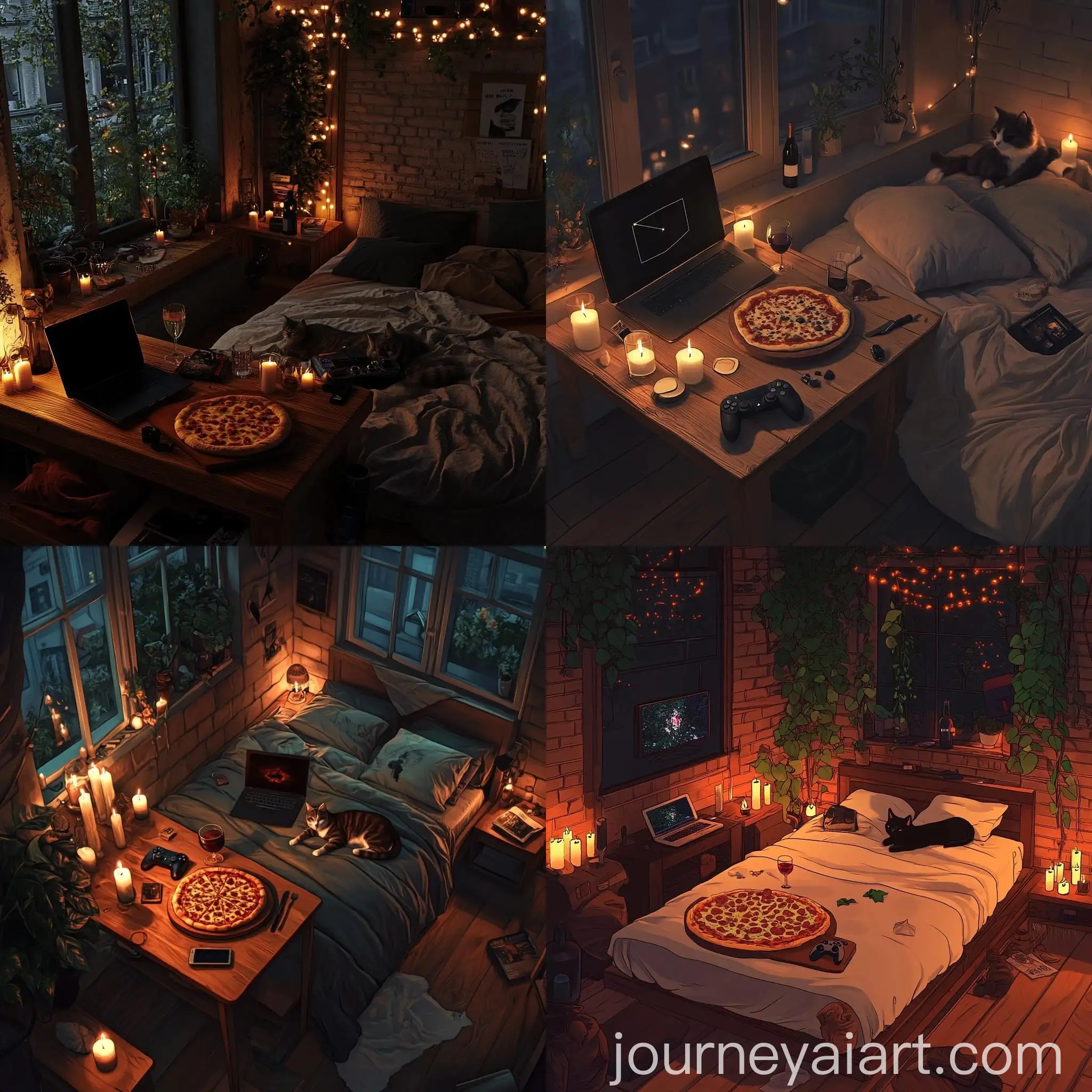 Cozy-Bedroom-Scene-with-Cat-Pizza-and-Laptop
