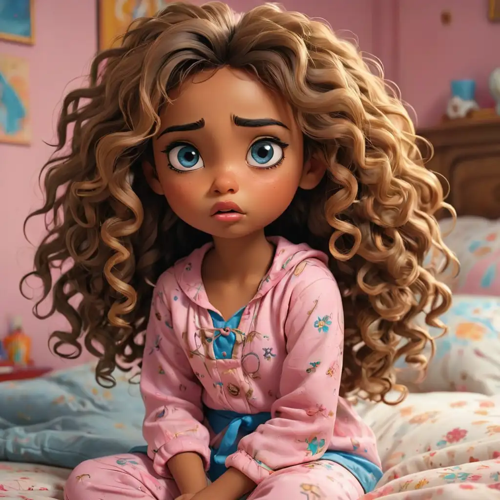 Cute 7YearOld Girl with DisneyStyle Golden Curls and Sad Expression