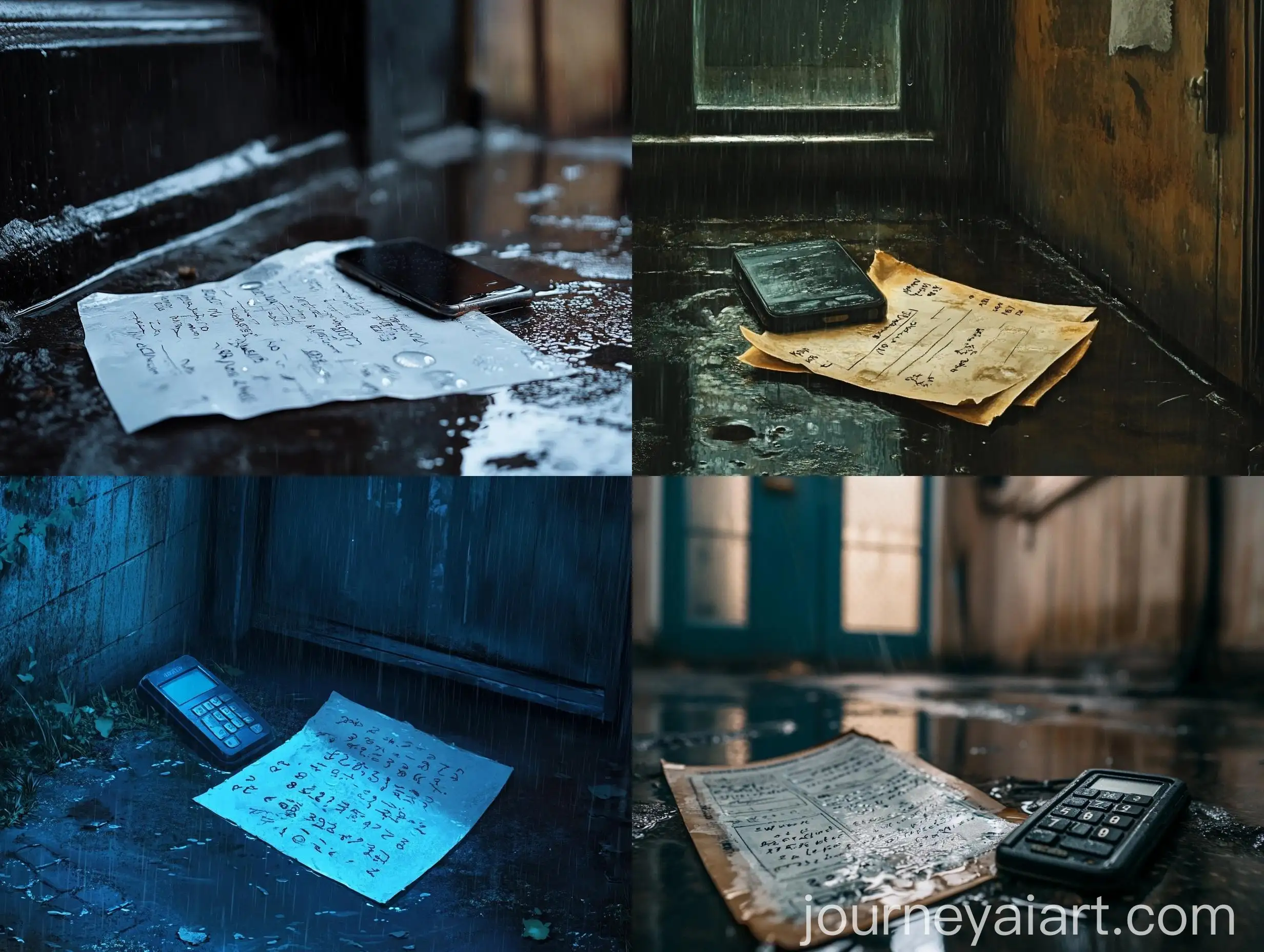 Vintage-Phone-and-Numerical-Paper-in-Rainy-Alleyway