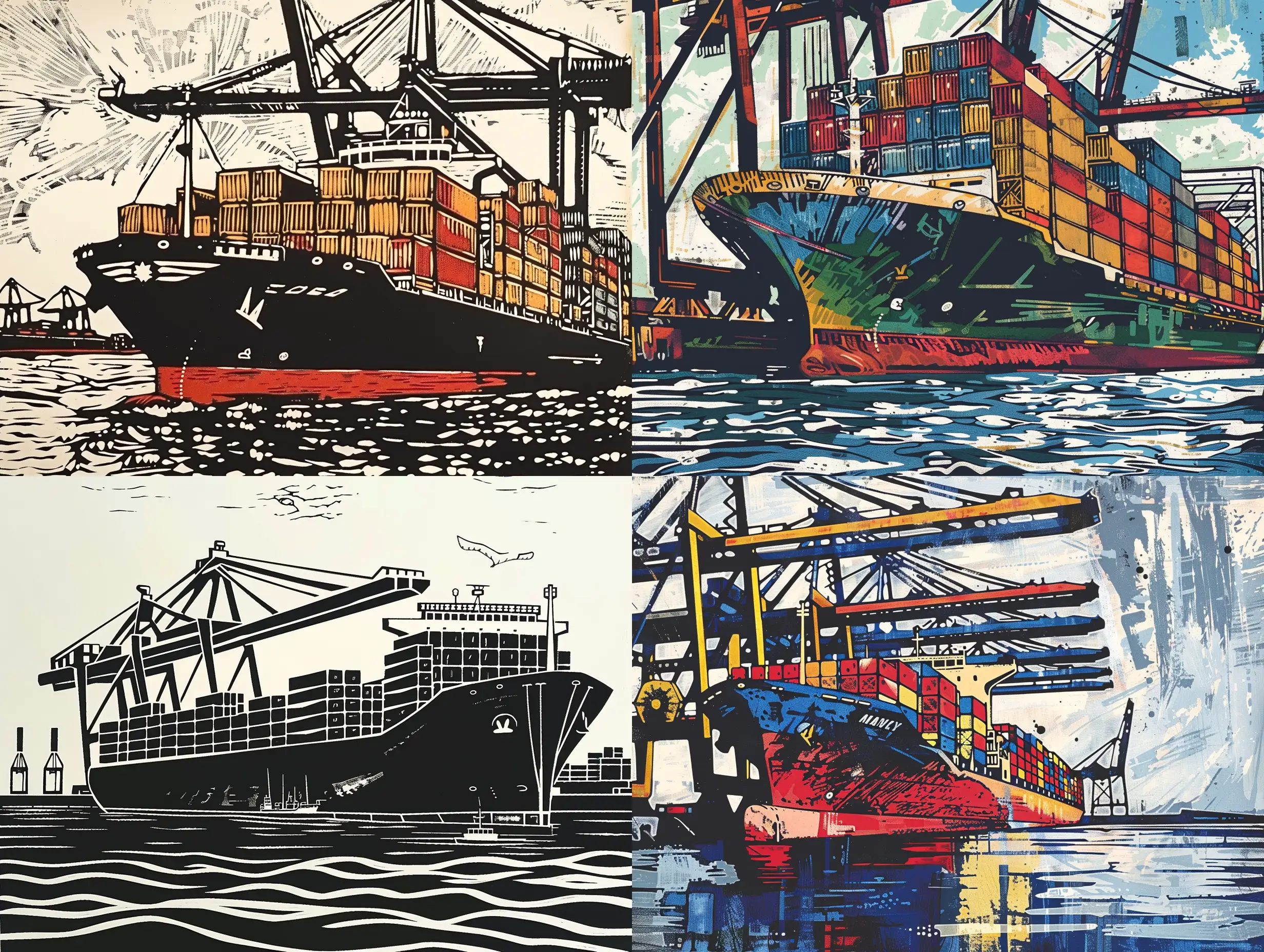 Container-Ship-Docked-at-Port-in-Linocut-Illustration