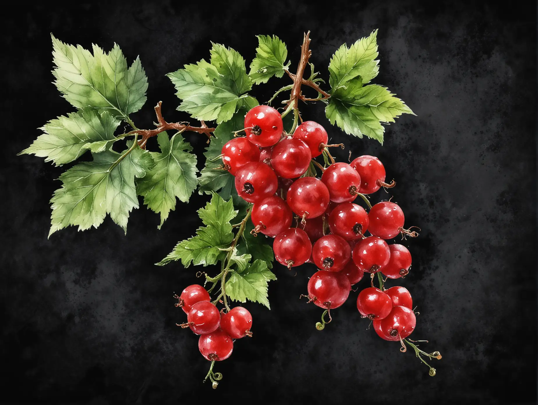 Red-Currant-Berries-on-Dark-Background-Watercolor-Painting