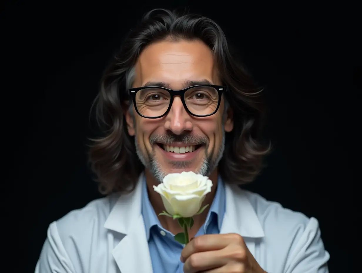 Portrait in low key of a middle-aged doctor, with wavy semi long, black and shiny silk texture hair of extreme realism. Wears black plastic framed glasses, clear brown eyes of extreme realism and friendly appearance, fair and perfect skin, thin lips with a beautiful and sweet smile. Wearing a light blue shirt and under a white medical coat. Holds between his hands a beautiful white rose of great realism. Black background.