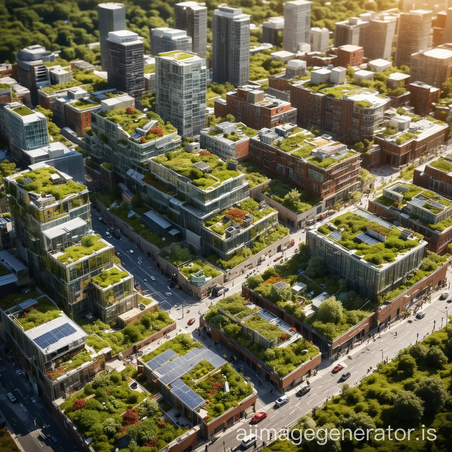 CLOSE UP OF eco-friendly cityscape featuring green roofs, solar panels, urban parks, and electric public transportation