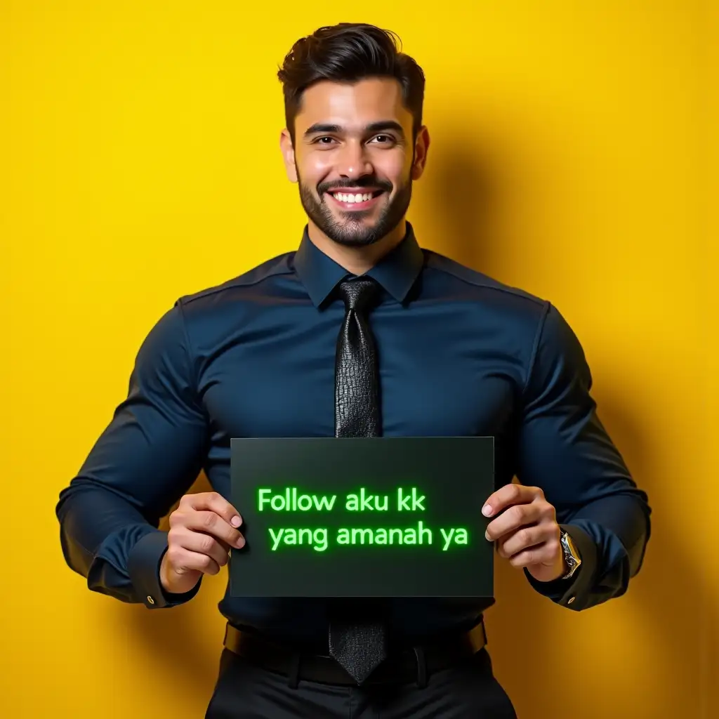 arafed man holding sign with glowing green text 'follow aku kk yang amanah ya' in a navy satin shirt and a black exclusive tie and wearing a black shiny crocodile type leather, standing against a yellow wall, a stock photo inspired by Eric Dinyer, shutterstock, american barbizon school, collared shirt, photorealism, high collar, ceo, vitorugo, paul pepera pablo roldan, instagram contest winner, shabab alizadeh, ricardo milos, smiling, looking straight to the camera, smiling and welcoming expression, happy eyes, dau-al-set, private press, around 20 yo, 'the ultimate gigachad, featured on pexels, featured on cg society, precisionism, perfect man, fine art, superflat, slender and muscular build, michael pangrazio, christian orrillo, very strong and masculine man, muscular masculine figure, bodybuilder posing, dribble, well-groomed model