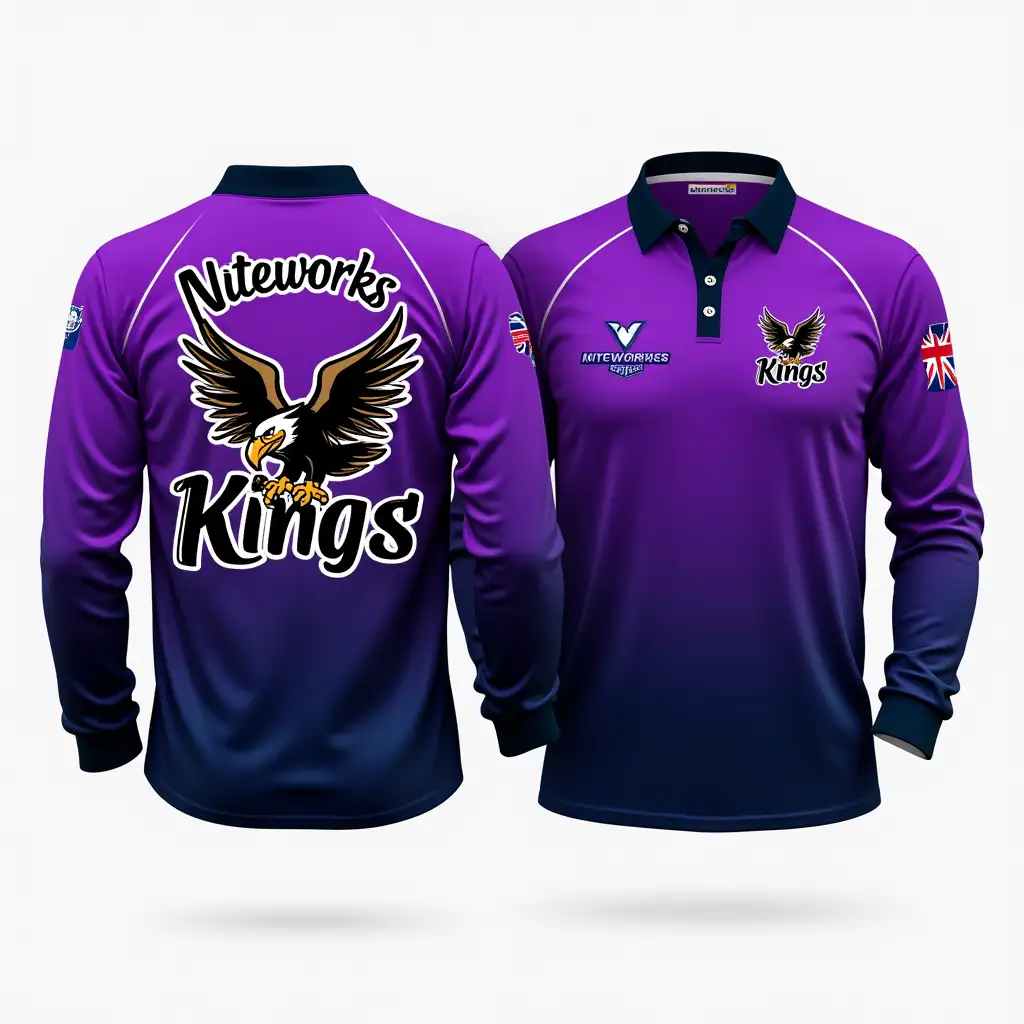 A full-sleeve cricket jersey design that features a gradient effect transitioning from purple to navy blue, complemented by black and white accents. The eagle is illustrated in a fierce pose on the back, while the front displays the team name 'Niteworks Kings' in a striking font. This design embodies a sense of pride and competitiveness, making it perfect for a cricket team.