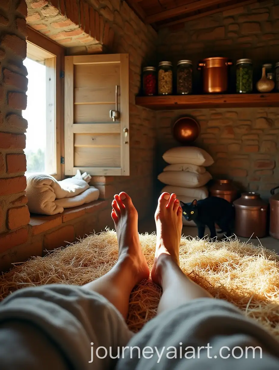 Cozy-Cottage-Kitchen-Scene-with-Chefs-Feet-and-Black-Cat