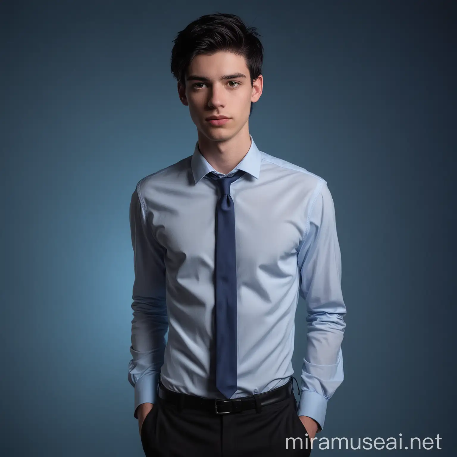 Young American Man Posing for Formal Resume Picture in Blue Light