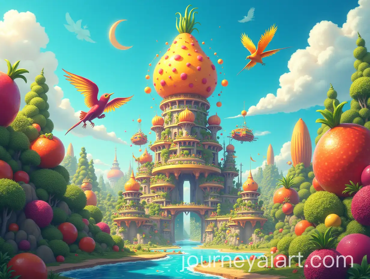 Whimsical-Cityscape-with-Fruit-and-VegetableInspired-Buildings-and-Enchanted-Elements