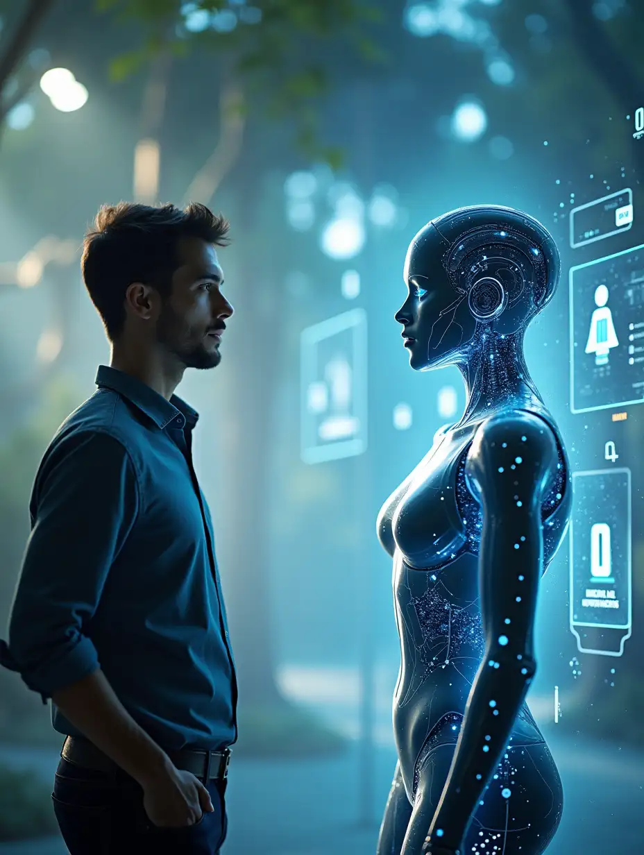 A futuristic scene depicting human interaction with artificial intelligence. On one side, a person is talking to a highly realistic humanoid AI, with digital holographic elements surrounding them. The background blends natural tones with cool technological hues, representing the evolution of communication from human-centered to AI-driven. The environment features a virtual landscape, including social robots and virtual assistants, symbolizing the future of social interactions.