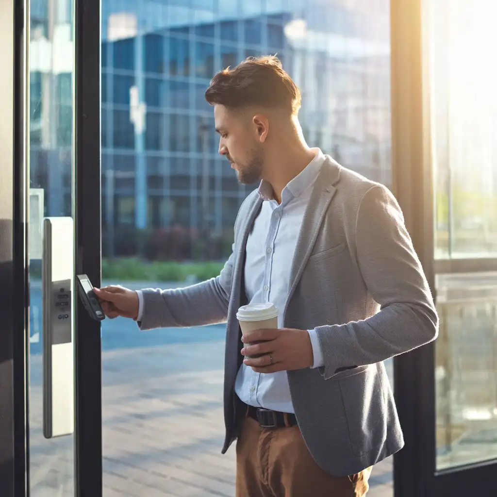 an office worker with a plastic coffee cup in hand stands at the entrance to an office and applies an access card to a reader for entry into the office. Earlier in the morning, the sun is illuminating the building