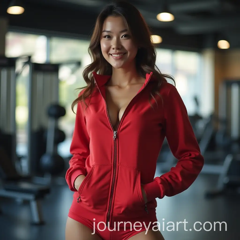 Asian-Woman-in-Gym-Showing-Off-Toned-Abs-and-Elegant-Curves-in-Red-Hoodie