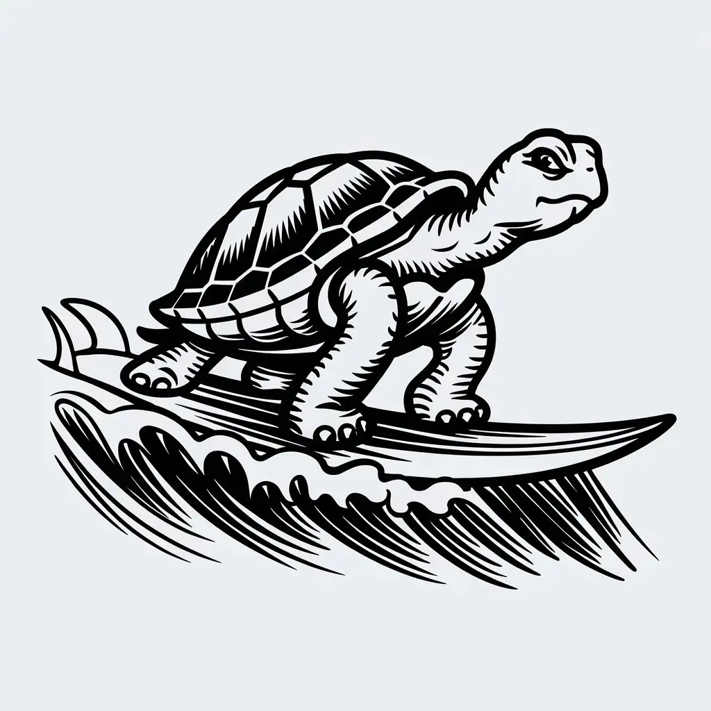 Turtle Surfing on Surfboard in Old Tattoo Style