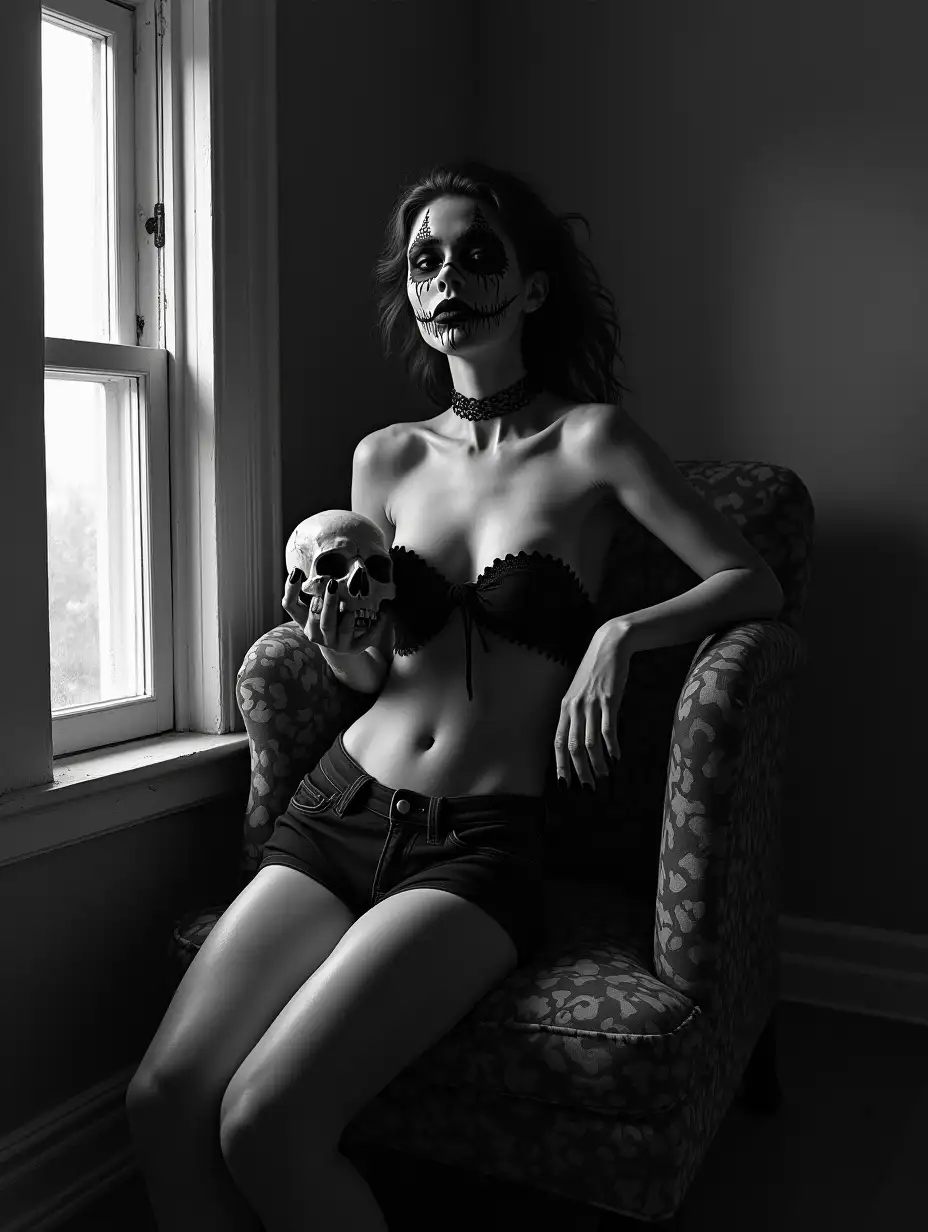 Monotone-Digital-Painting-of-Dominatrix-Woman-with-Skull-in-Cottage-Interior