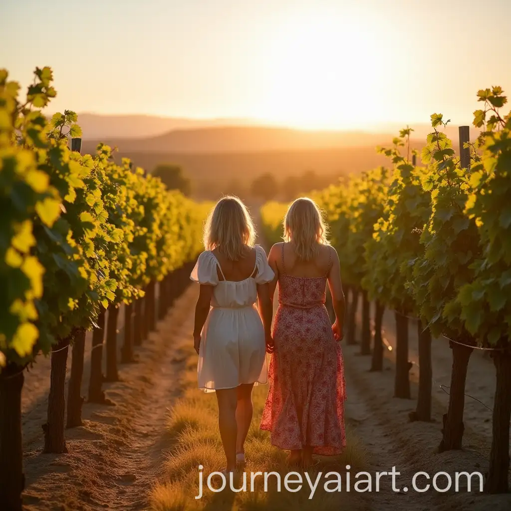 Two-Women-Walking-Through-a-Vineyard-in-Morning-Sunlight