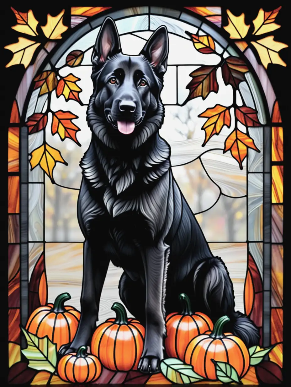 Black German Shepherd Dog with Pumpkin and Fall Leaves in Stained Glass Design