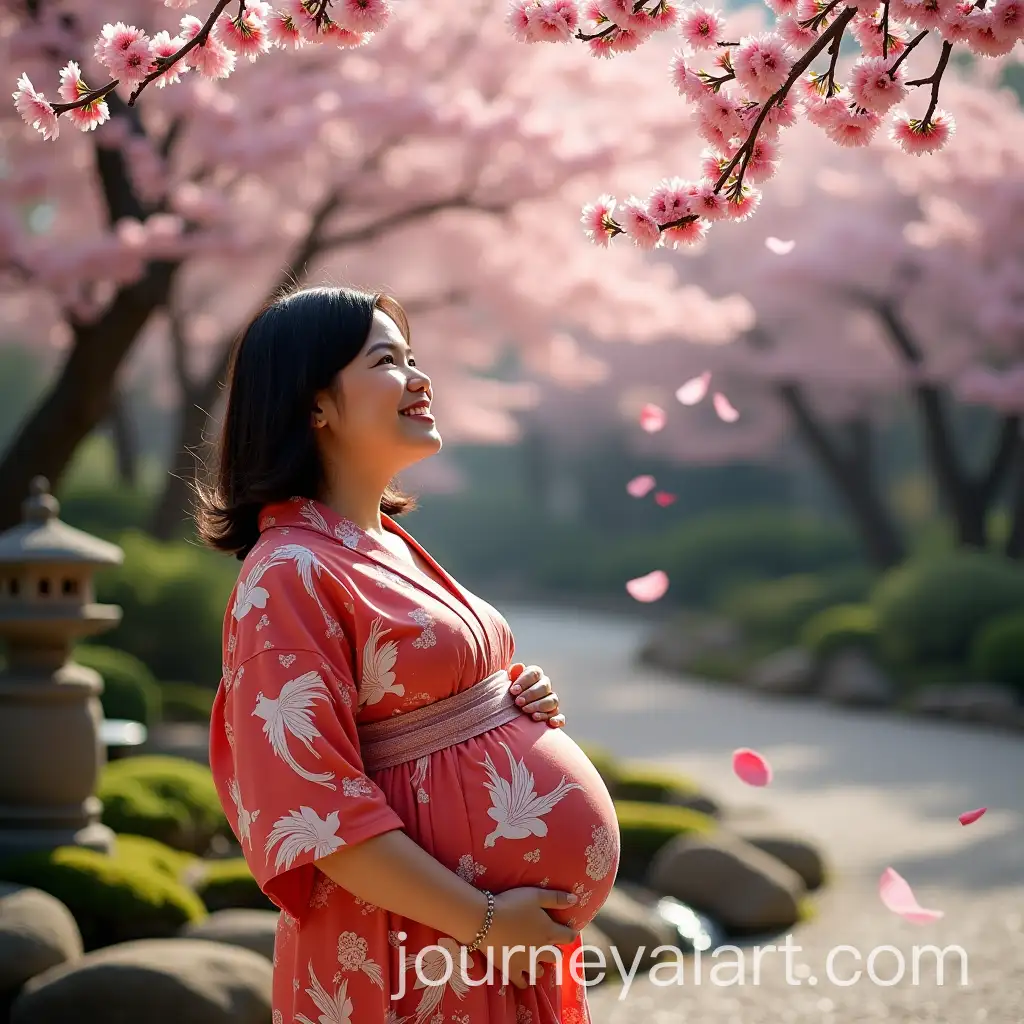 Pregnant-Woman-in-Kimono-Enjoying-Cherry-Blossom-Viewing-in-Japanese-Zen-Garden