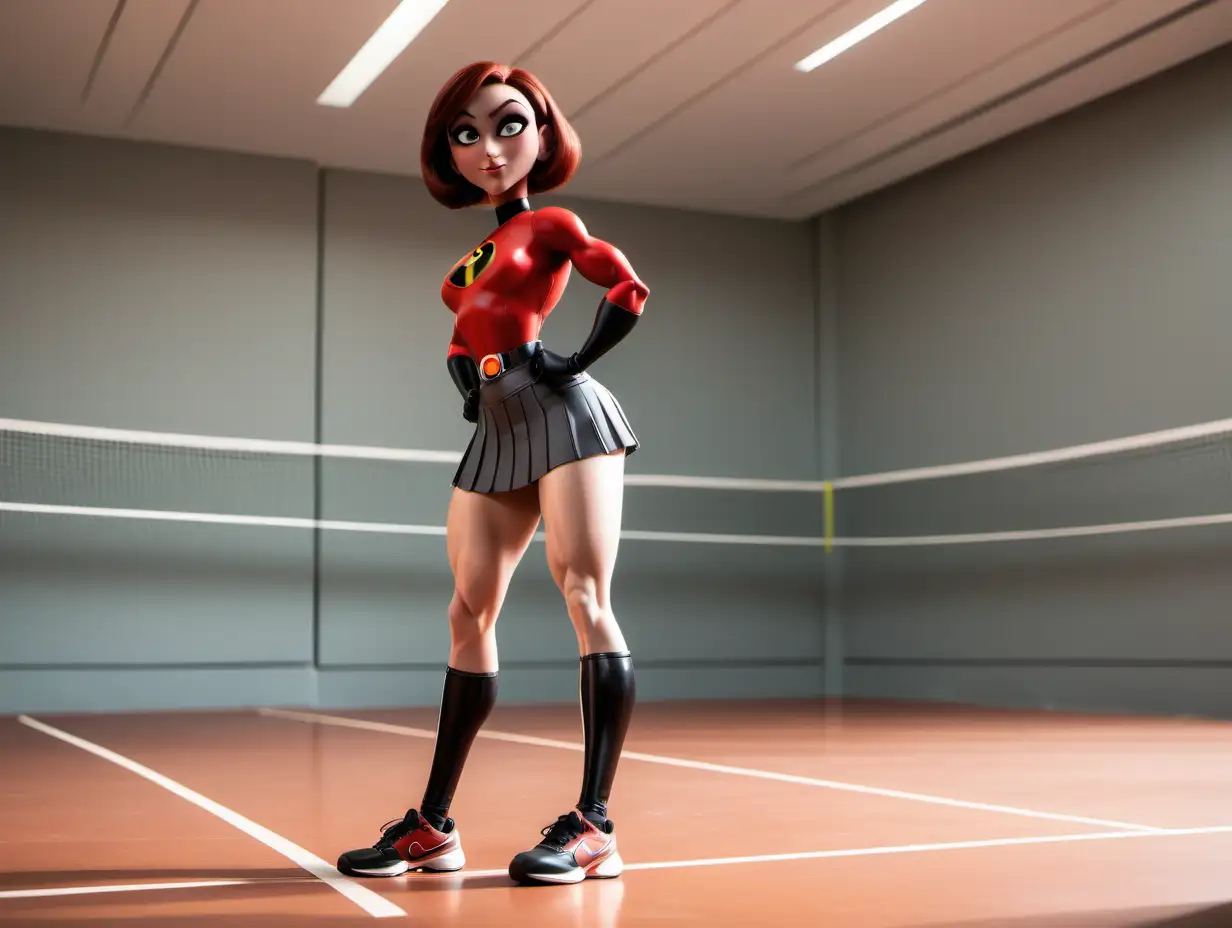 Elastigirl-in-Tennis-Skirt-Posing-with-Muscular-Thighs-in-Empty-Room