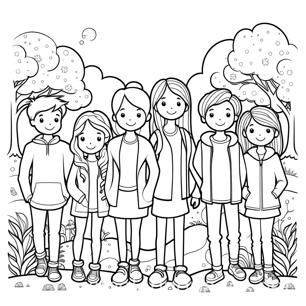 Friends-and-Kids-Coloring-Page-in-Black-and-White-Line-Art-on-White-Background