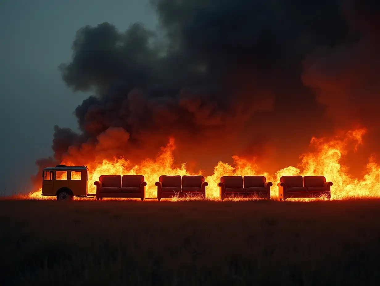 Train four couches burning highly with black clouds surrounding 