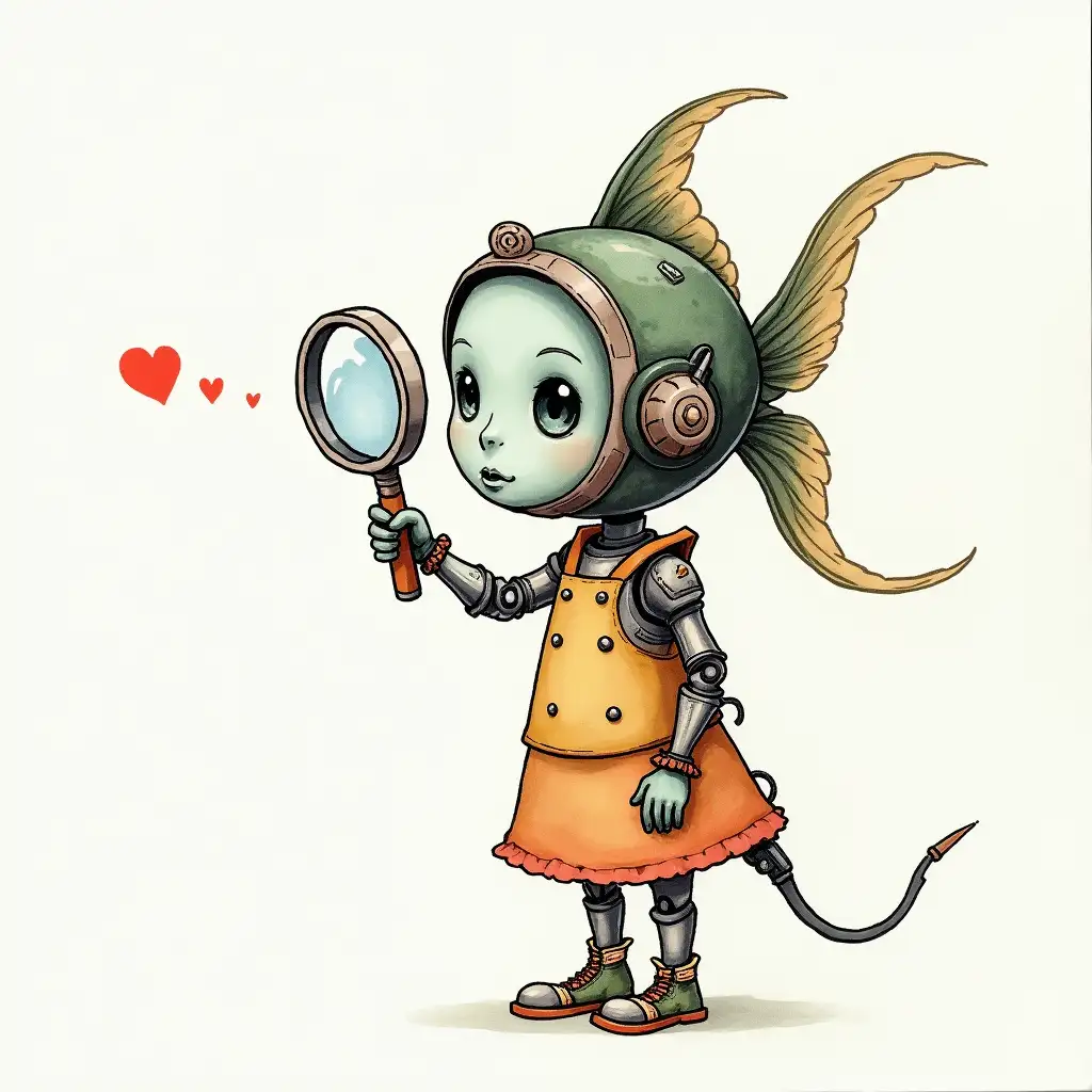 Mechanical girl, girl fish, magnifying glass, watercolor