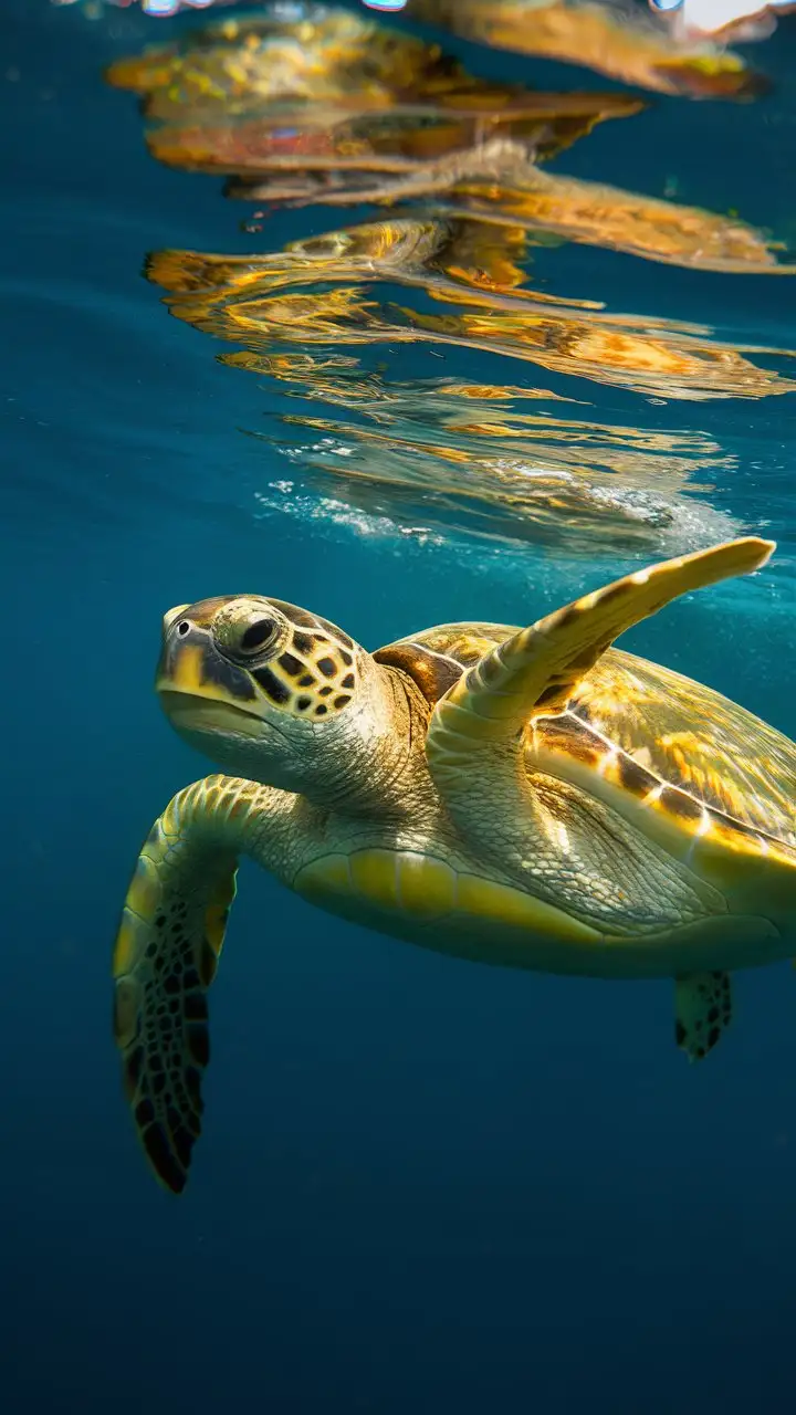 Green-Sea-Turtle-Swimming-Gracefully-in-Sunlit-Underwater-Scene