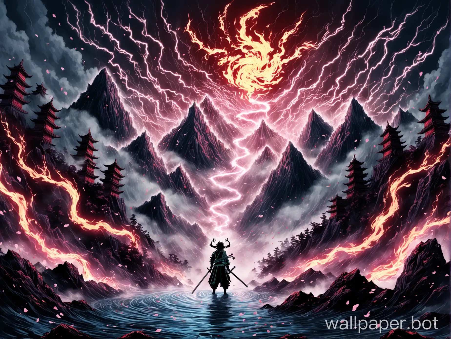 Design an anime-style wallpaper featuring a Demon Slayer character in an epic, battle-ready pose. The character should showcase their signature breathing technique with vibrant, dynamic effects, like swirling flames, water currents, or lightning strikes, depending on their style. The background should evoke the intense atmosphere of the Demon Slayer universe—perhaps a moonlit forest, a mysterious temple, or a haunting mountain range. Include subtle elements like falling cherry blossoms, glowing kanji symbols, or misty fog to enhance the dramatic feel. The composition should be powerful and visually striking, making it perfect for a laptop wallpaper.