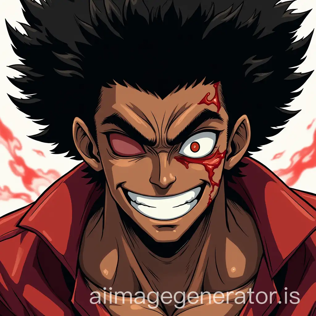 manga character of a half-black man who smiles with an eye scar and afro hair revealing his demonic strength