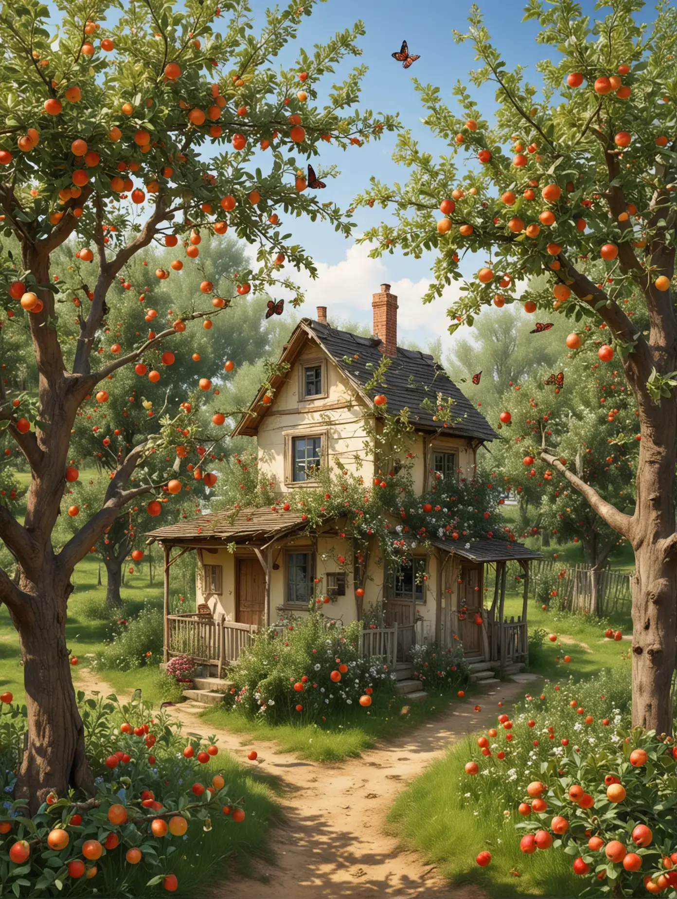 Fruitladen-Orchard-with-a-Quaint-House-and-Fluttering-Butterflies