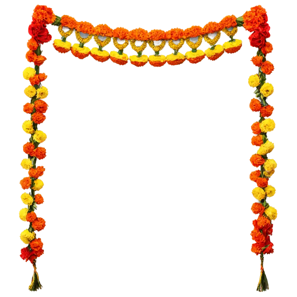 Traditional toran for Indian gate of flowers of marigold and Ashoka leaves also 2 sides latkan