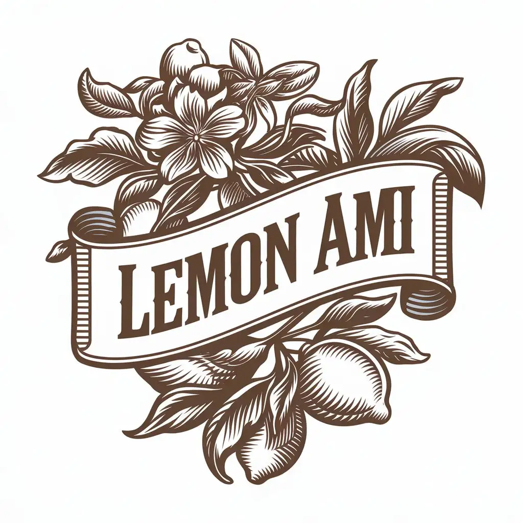 a vector logo design,with the text "Lemon AMI", main symbol:a vector logo design,with the text 'Lemon AMI', main symbol:leaves and lemons flowers, lemons. Vintage Old School style. maximum 2 colors,Moderate,clear background