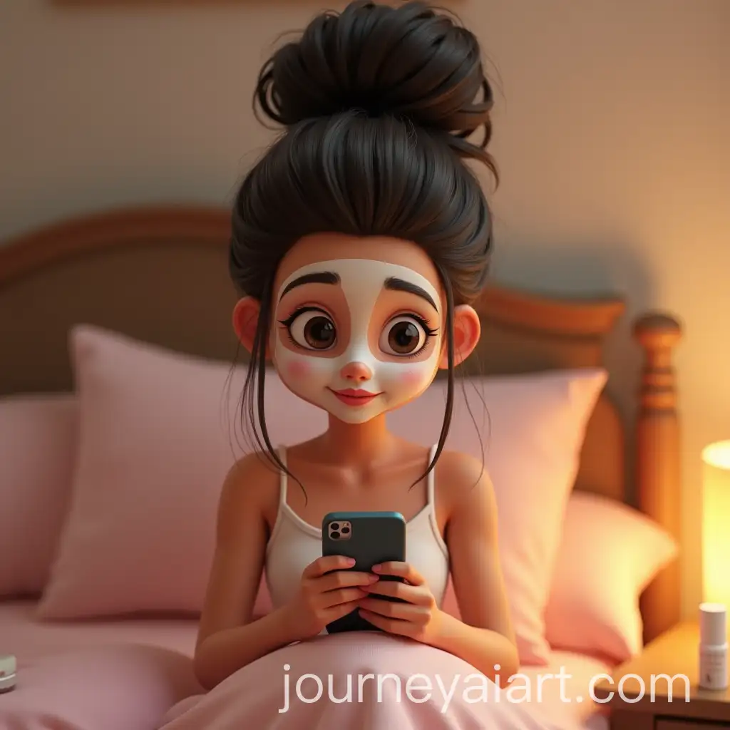 Relaxing-Girl-with-Skincare-Facial-Mask-in-Cozy-Bedroom-Using-Smartphone