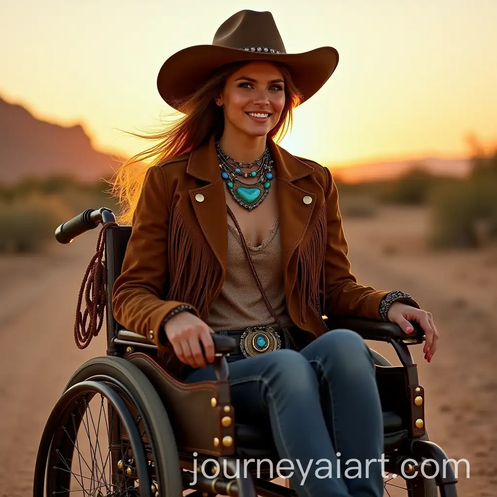 Confident-Disabled-Cowgirl-in-Rugged-Custom-Wheelchair-at-Sunset