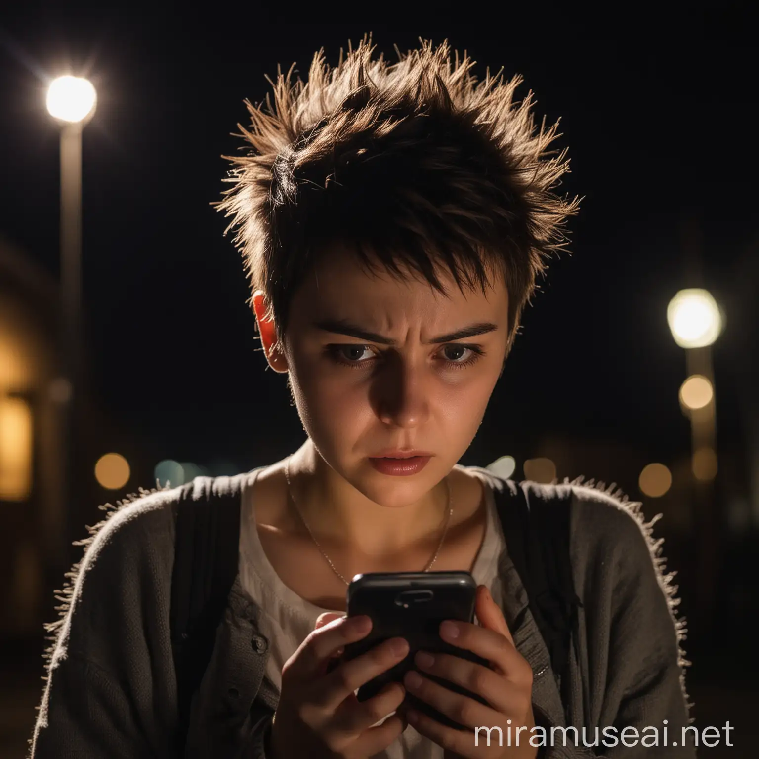 Young Woman Frightened by Smartphone Message at Night