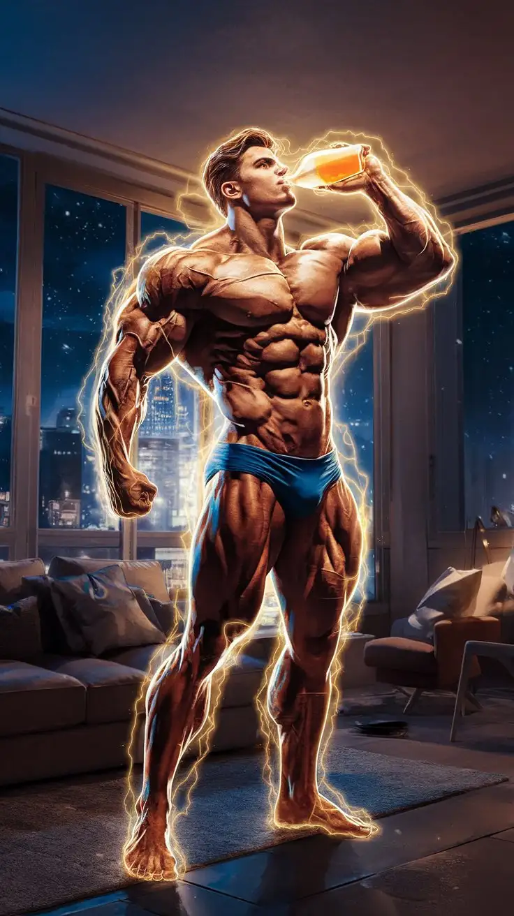 Muscular-Bodybuilder-Transformed-into-Superpowered-Hero-in-Luminous-Golden-Glow