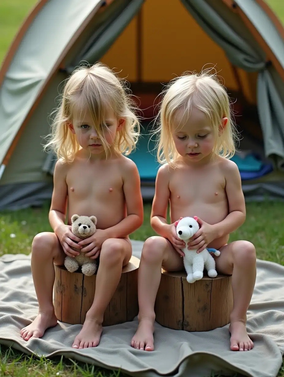 Two-Skinny-Little-Girls-Sitting-on-Stools-in-a-Campground-Holding-Stuffed-Animals