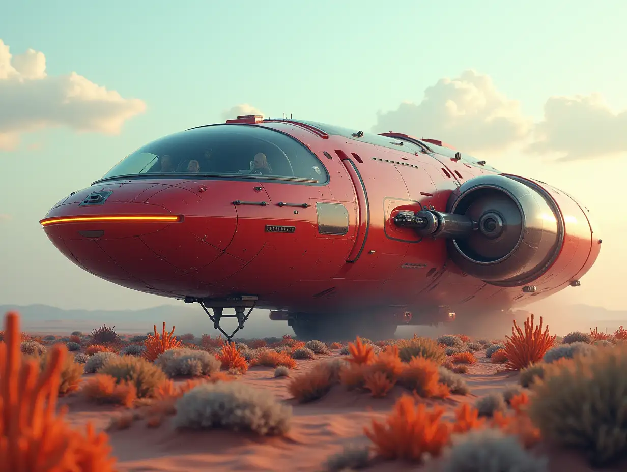 A larger spaceship retro red-gray, shiny parts, with glowing headlights, glass windows has landed in the desert view from above with colorful plants and slightly cloudy sky, 4k resolution colorful