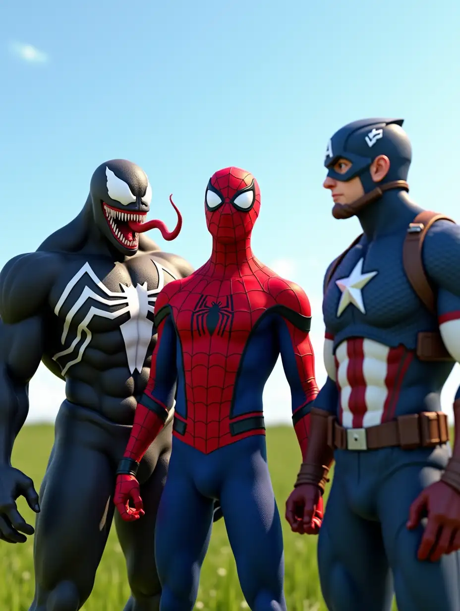 A highly detailed, ultra-realistic 3D-rendered image of Spider-Man, Venom, and Captain America standing together in an open green field under a bright blue sky. Spider-Man, wearing his classic red and blue suit with web patterns and white eye lenses, has his mask on and displays an exaggerated shocked expression. Venom, standing to his left, has a muscular black symbiote body with a large white spider emblem on his chest, sharp teeth, and a long tongue, with an intimidating grin. Captain America, on the right, wears his blue suit with a white star and an 'A' on his helmet, looking equally surprised. The lighting is bright and natural, highlighting the realistic textures of their suits and facial expressions. The scene is rendered in 4K with high-definition textures, reflections, and dynamic lighting, giving a cinematic and immersive feel.