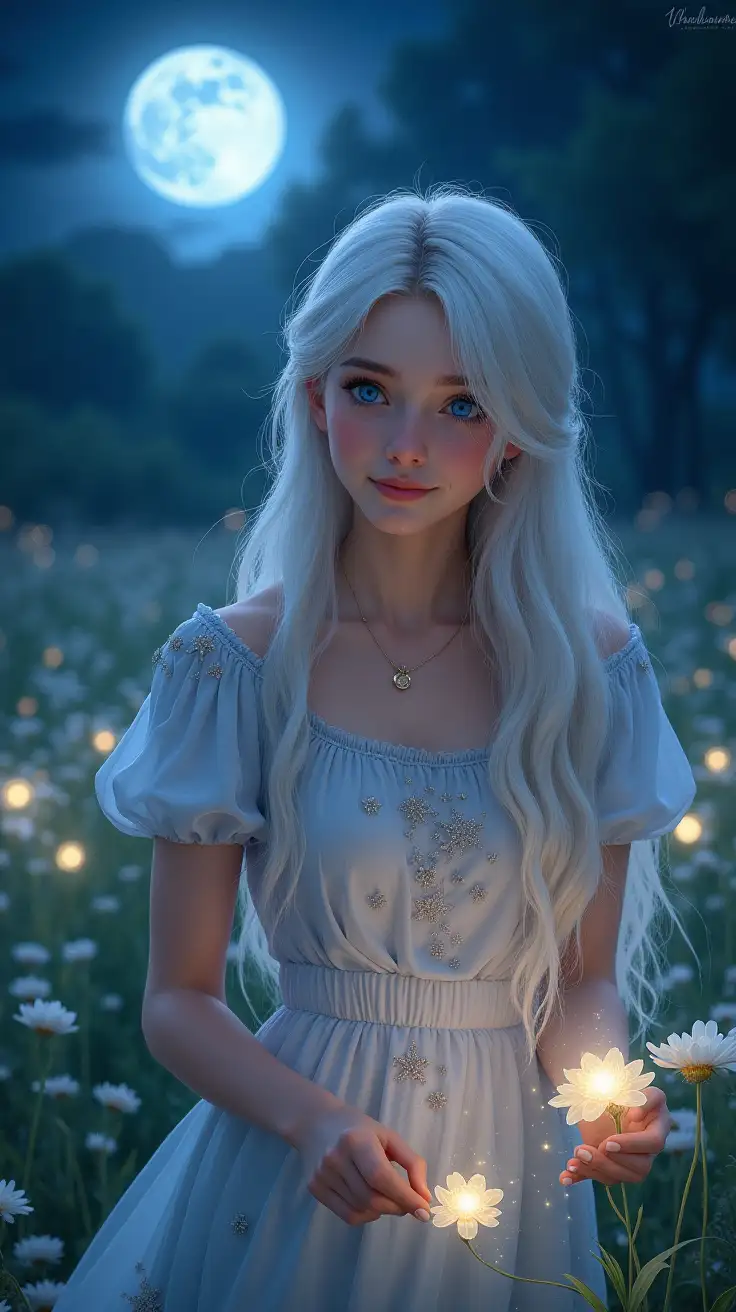 A 24-year-old woman with fair skin and bright blue eyes, tending to a magical garden on a moonlit night. She wears a delicate, star-embroidered dress and waters glowing moonflowers. Her expression is peaceful as she watches the flowers open and release stardust.