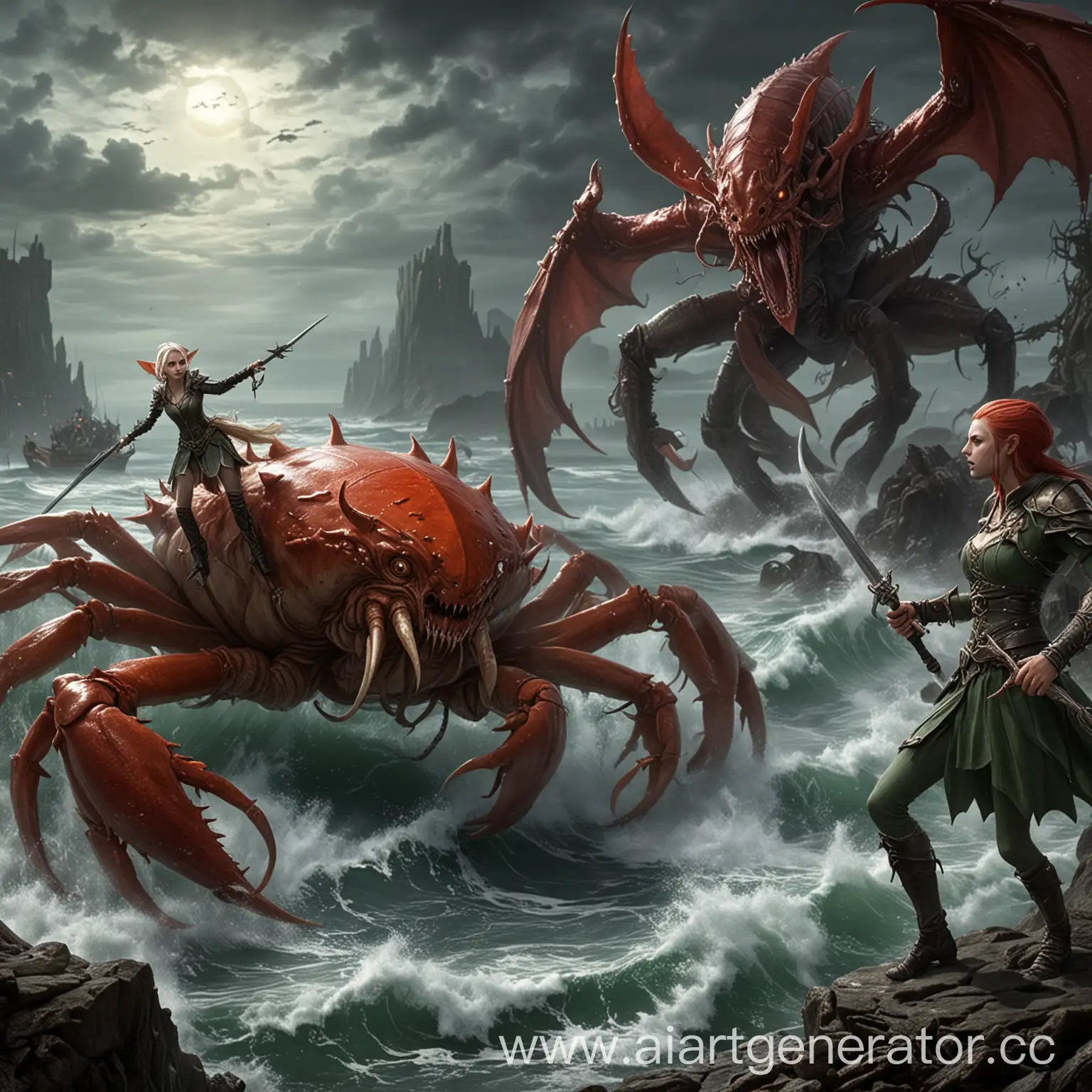 Fantasy-Battle-Elf-Vampire-and-Giant-Crab-Clash-in-Epic-Encounter