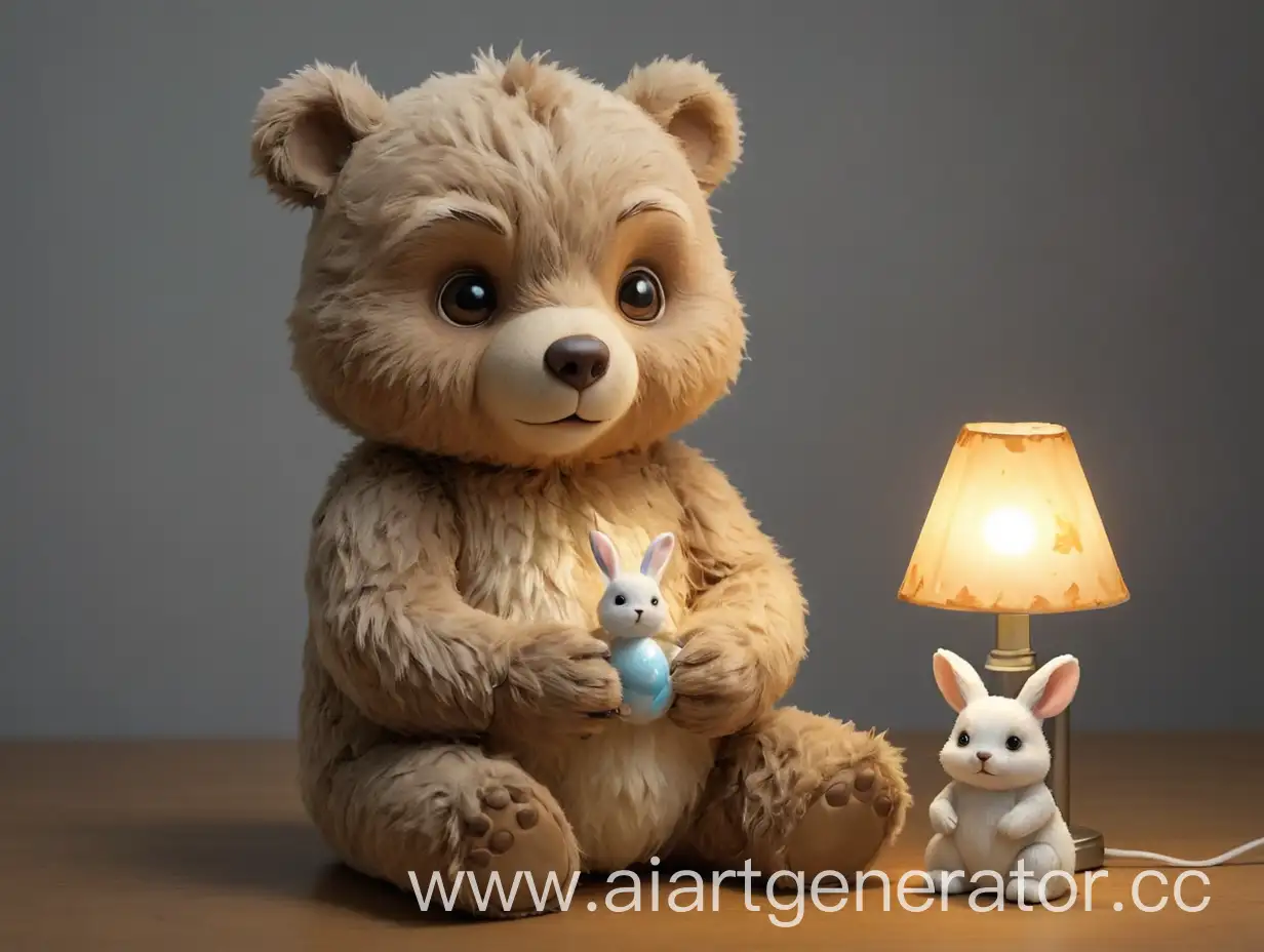 Cozy-Scene-with-Bear-and-Glowing-Rabbit-Lamp