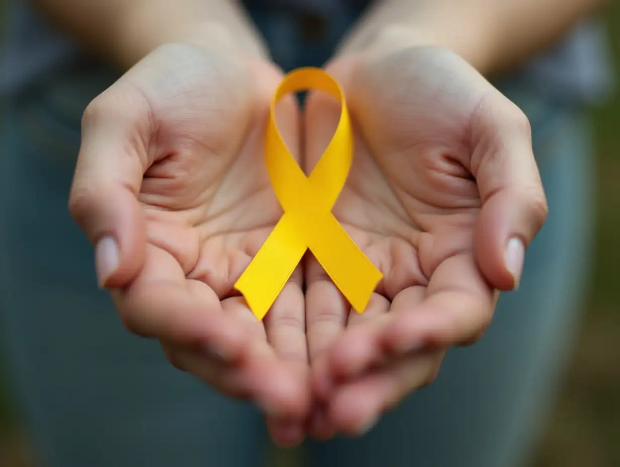 CloseUp-of-Woman-Holding-Yellow-Gold-Childhood-Cancer-Awareness-Ribbon