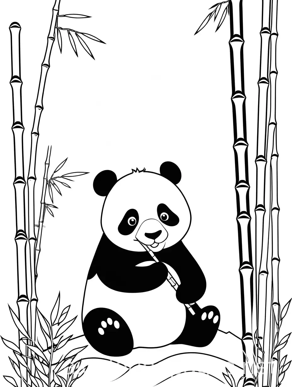 A panda sitting and eating bamboo with a few bamboo stalks around., Coloring Page, black and white, line art, white background, Simplicity, Ample White Space. The background of the coloring page is plain white to make it easy for young children to color within the lines. The outlines of all the subjects are easy to distinguish, making it simple for kids to color without too much difficulty