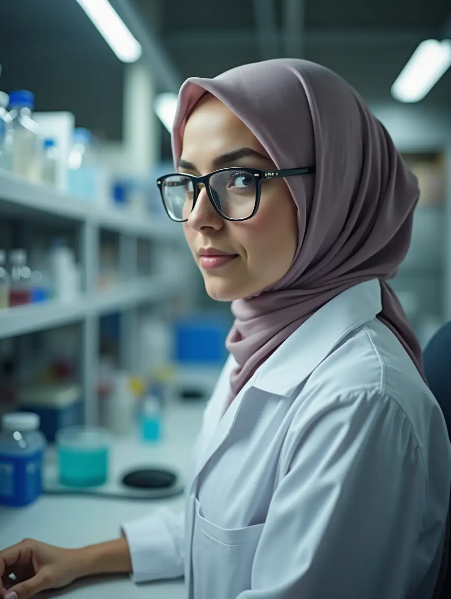 27 years old environmental engineer women working in a lab, with round face, metal glasses and hijab. Full body view.