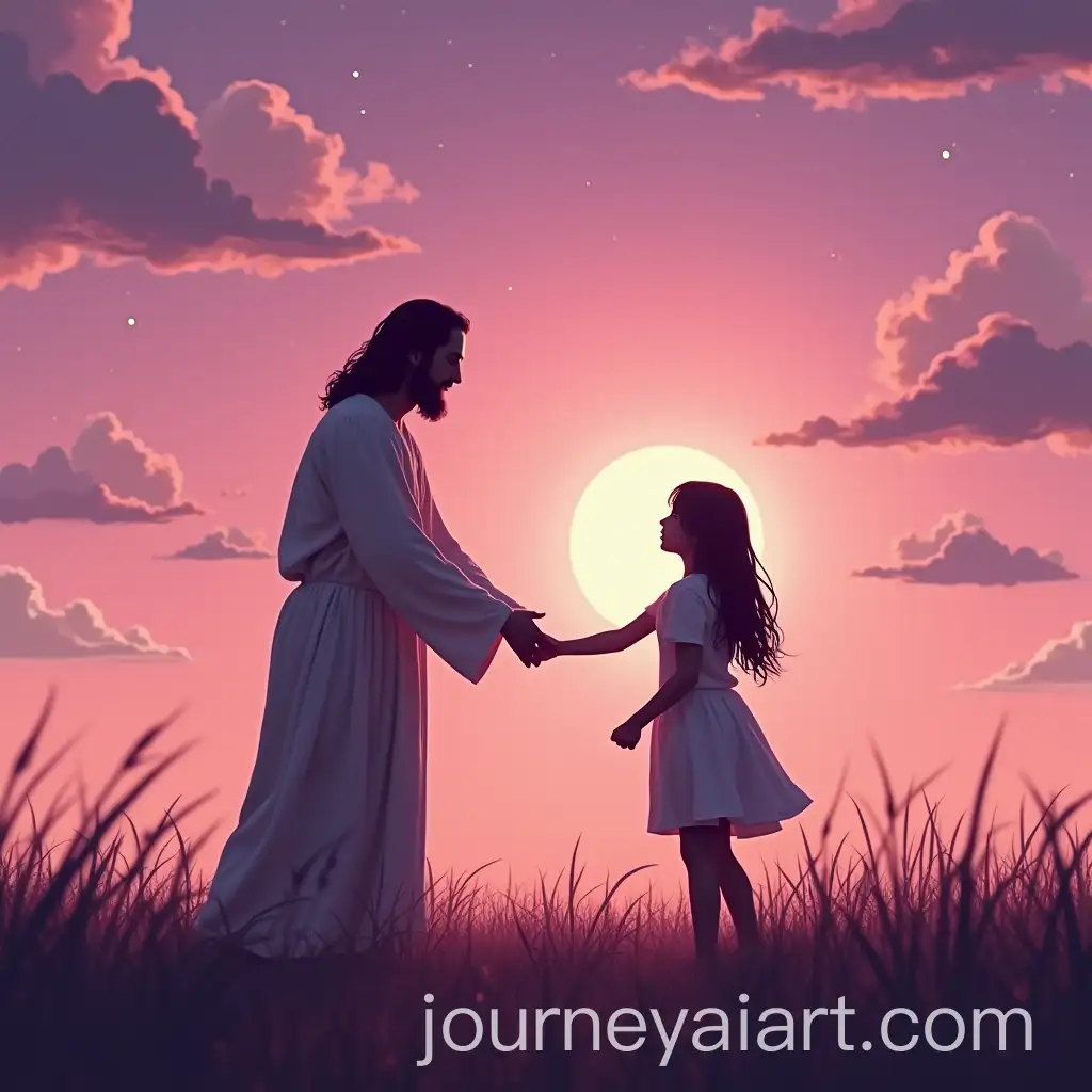 Jesus-and-Little-Girl-Holding-Hands-in-a-Field-Under-Pink-and-Purple-Sky