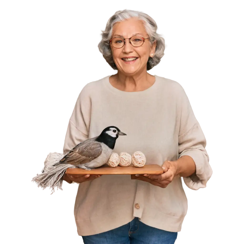 PNG-Image-of-Elderly-Woman-Crocheting-Handmade-Birds-in-a-Cozy-Room