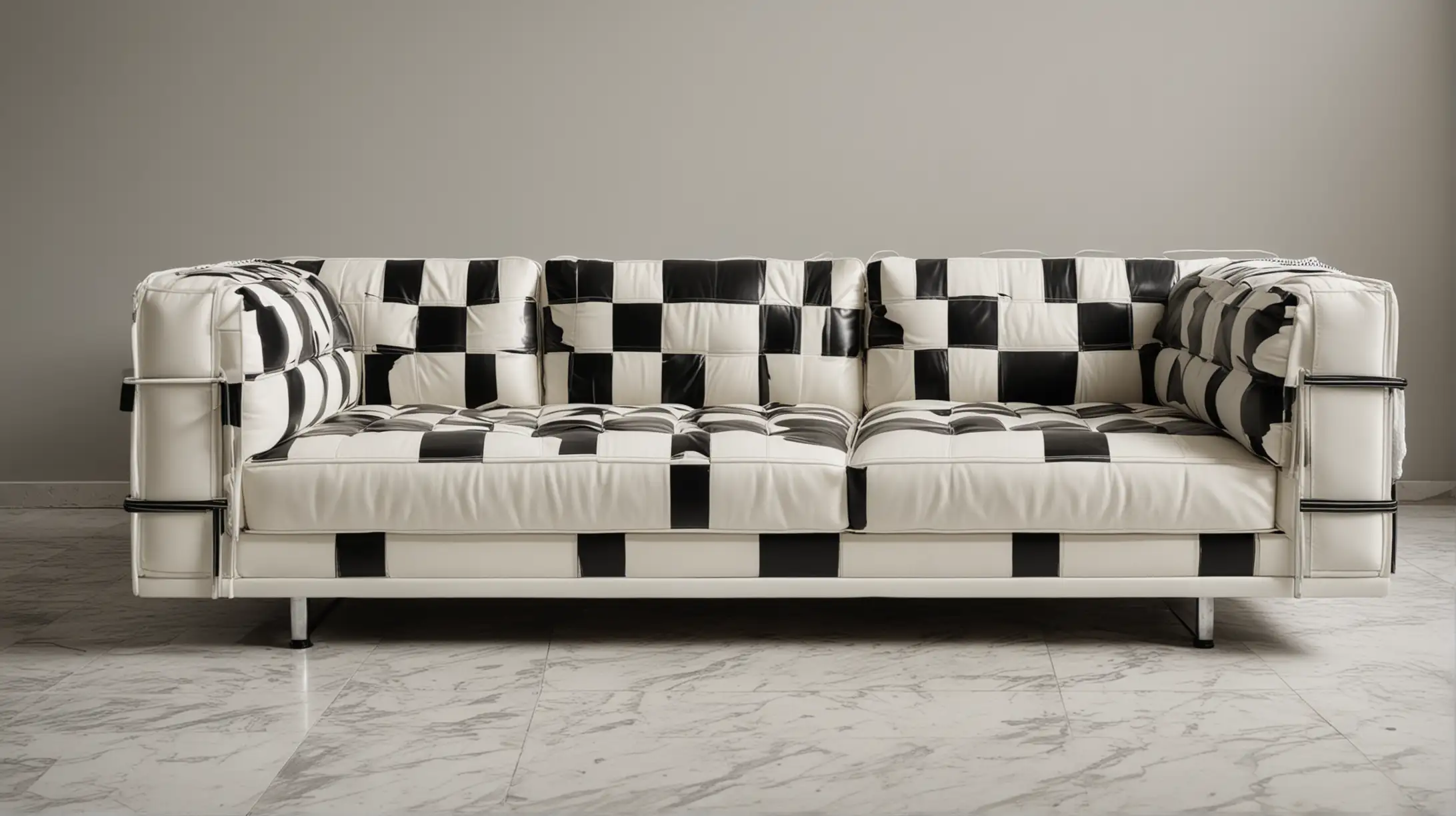 Frontal Bauhaus Sofa in Checkered Flag Design on White Marble Floor