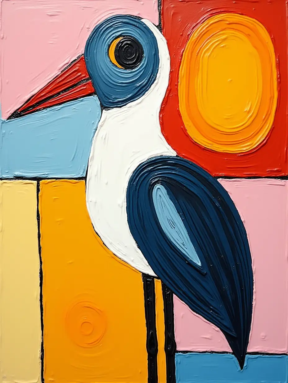 user_prompt: A gridded picture, a striped design, primitively schematic stork portrait in the style of Kandinsky, Malevich, minimalism, simplified for beginner artist acrylic with many colors, constructivism abstractionism,