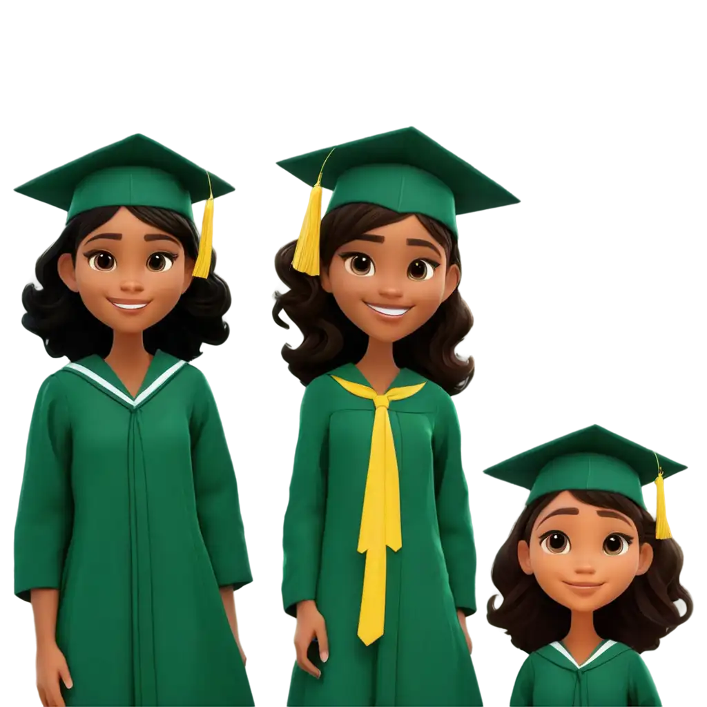 Diverse-Cartoon-Girls-in-Green-Graduation-Gowns-PNG-HighQuality-Image-for-Multicultural-Celebrations-and-Education