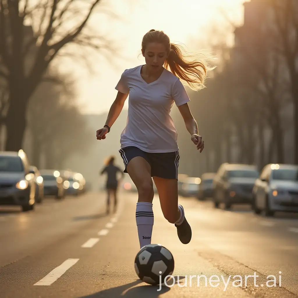 Caucasian-Woman-Playing-Football-on-a-Sunny-Morning