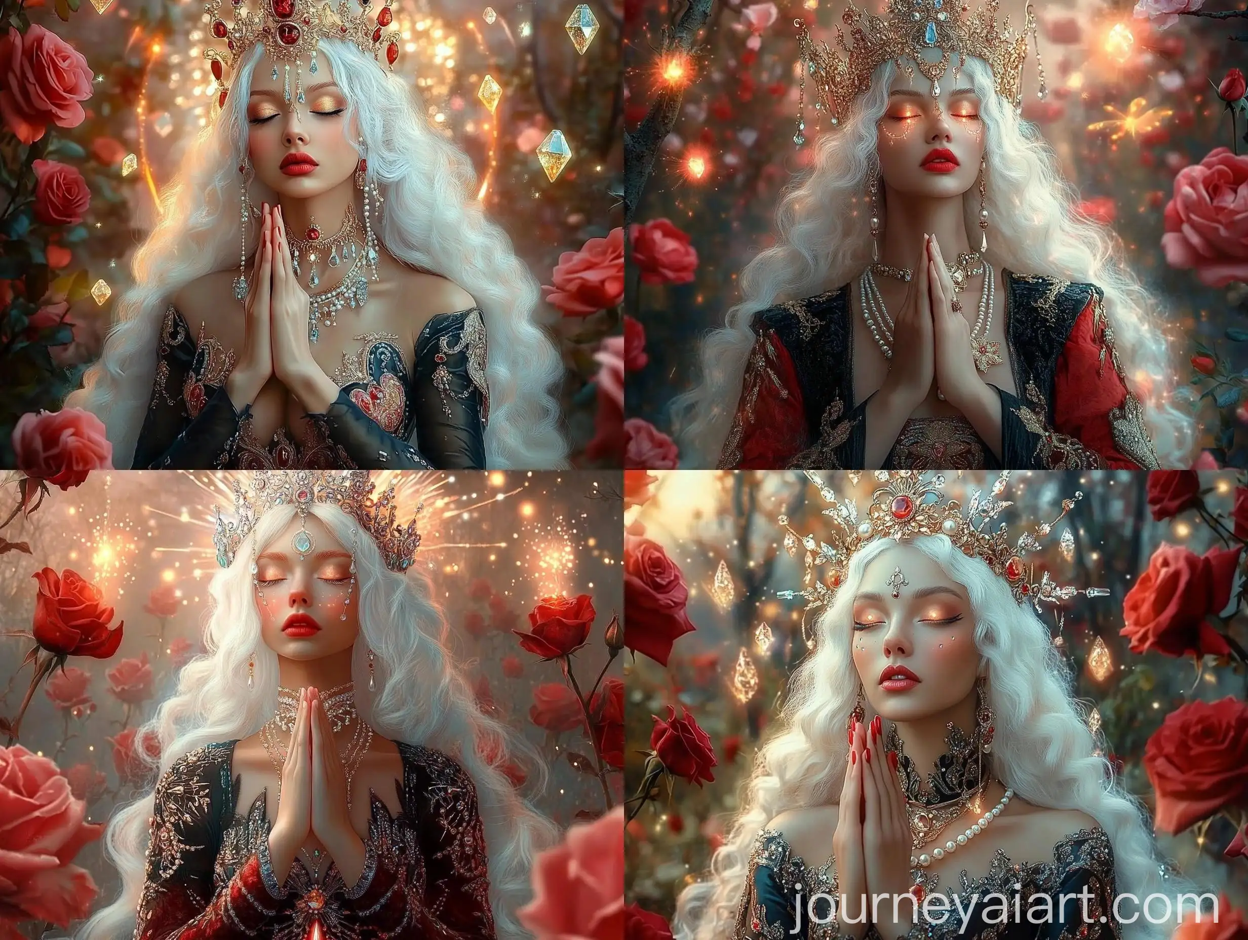 Medieval-Woman-in-Prayer-with-Crystal-Crown-and-Fireflies
